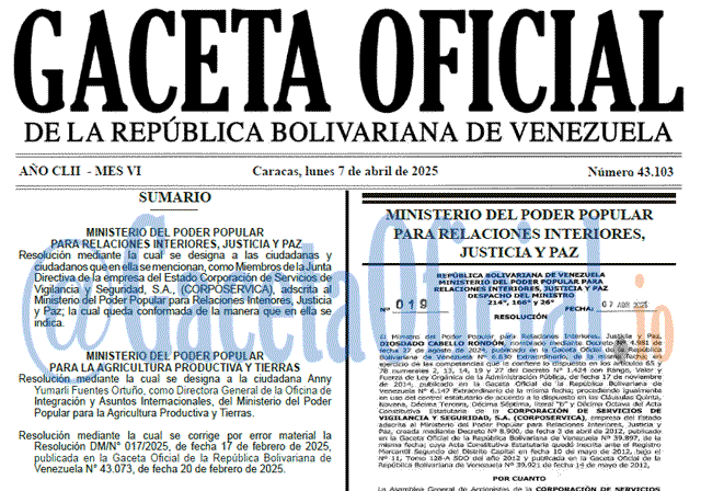 Venezuela Gaceta Oficial 43103 del 7 abril 2025 Gaceta Oficial, Gaceta 43103, Gaceta 43103 HD, Gaceta #43103, Gaceta Oficial Venezuela #43103