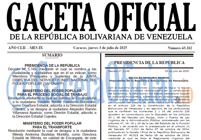 Venezuela Gaceta Oficial 43162 del 3 julio 2025 Gaceta Oficial, Gaceta 43162, Gaceta 43162 HD, Gaceta #43162, Gaceta Oficial Venezuela #43162