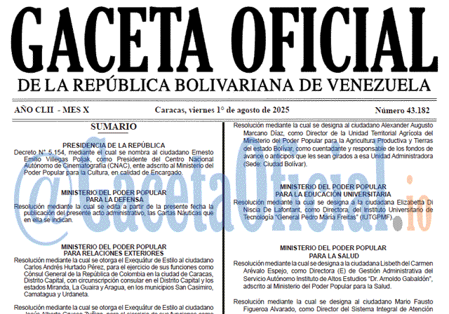 Venezuela Gaceta Oficial 43182 del 1 agosto 2025 Gaceta Oficial, Gaceta 43182, Gaceta 43182 HD, Gaceta #43182, Gaceta Oficial Venezuela #43182