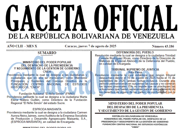 Venezuela Gaceta Oficial 43186 del 7 agosto 2025 Gaceta Oficial, Gaceta 43186, Gaceta 43186 HD, Gaceta #43186, Gaceta Oficial Venezuela #43186