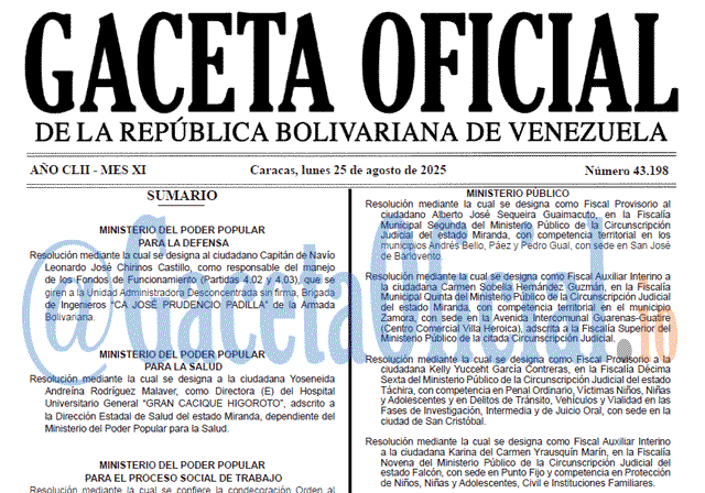 Gaceta Oficial, Gaceta 43198, Gaceta 43198 HD, Gaceta #43198, Gaceta Oficial Venezuela #43198