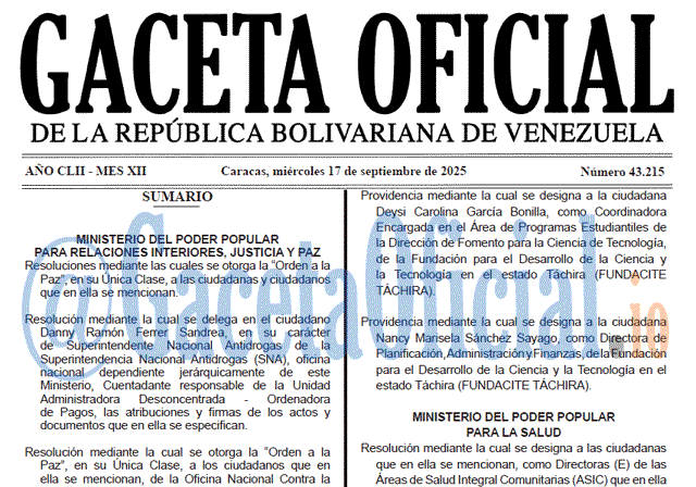 Venezuela Gaceta Oficial 43215 del 17 septiembre 2025 Gaceta Oficial, Gaceta 43215, Gaceta 43215 HD, Gaceta #43215, Gaceta Oficial Venezuela #43215