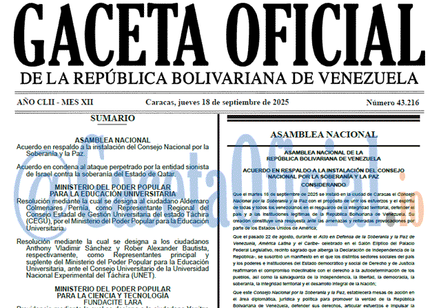 Venezuela Gaceta Oficial 43216 del 18 septiembre 2025 Gaceta Oficial, Gaceta 43216, Gaceta 43216 HD, Gaceta #43216, Gaceta Oficial Venezuela #43216