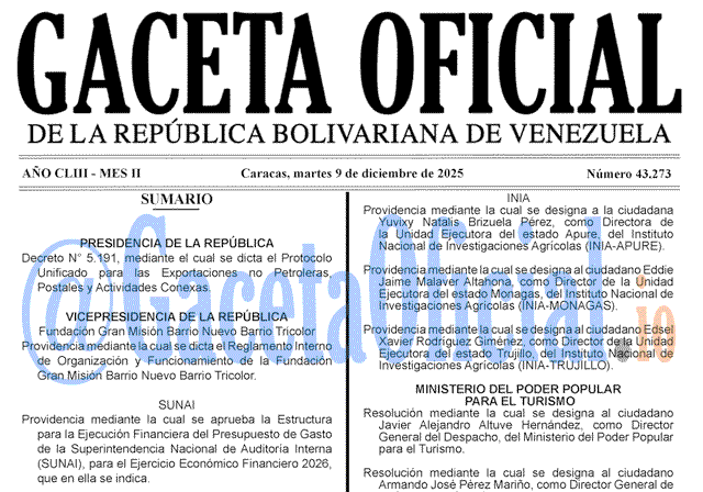 Venezuela Gaceta Oficial 43273 del 9 diciembre 2025 Gaceta Oficial, Gaceta 43273, Gaceta 43273 HD, Gaceta #43273, Gaceta Oficial Venezuela #43273