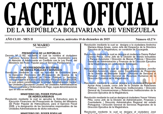 Venezuela Gaceta Oficial 43274 del 10 diciembre 2025 Gaceta Oficial, Gaceta 43274, Gaceta 43274 HD, Gaceta #43274, Gaceta Oficial Venezuela #43274
