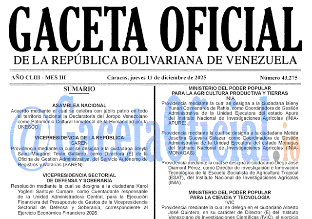 Venezuela Gaceta Oficial 43275 del 11 diciembre 2025 Gaceta Oficial, Gaceta 43275, Gaceta 43275 HD, Gaceta #43275, Gaceta Oficial Venezuela #43275