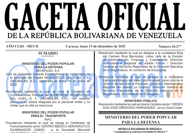 Venezuela Gaceta Oficial 43277 del 15 diciembre 2025 Gaceta Oficial, Gaceta 43277, Gaceta 43277 HD, Gaceta #43277, Gaceta Oficial Venezuela #43277