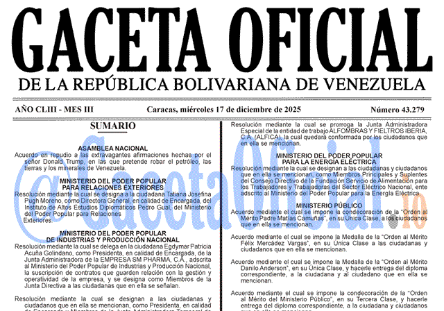 Venezuela Gaceta Oficial 43279 del 17 diciembre 2025 Gaceta Oficial, Gaceta 43279, Gaceta 43279 HD, Gaceta #43279, Gaceta Oficial Venezuela #43279
