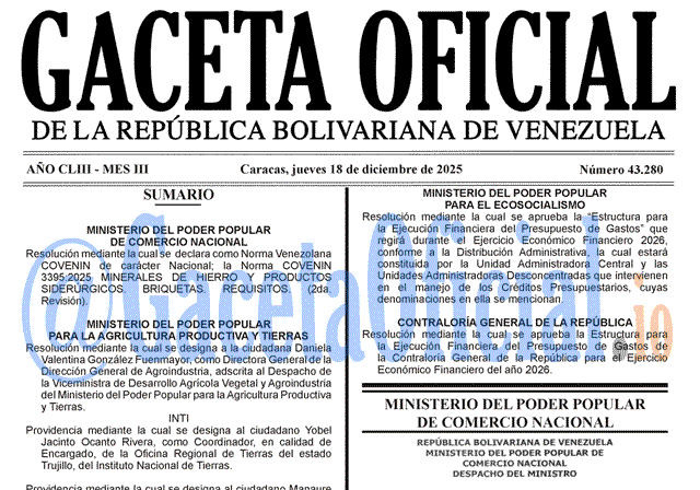 Venezuela Gaceta Oficial 43280 del 18 diciembre 2025 Gaceta Oficial, Gaceta 43280, Gaceta 43280 HD, Gaceta #43280, Gaceta Oficial Venezuela #43280