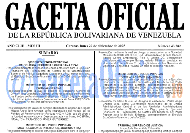 Venezuela Gaceta Oficial 43282 del 22 diciembre 2025 Gaceta Oficial, Gaceta 43282, Gaceta 43282 HD, Gaceta #43282, Gaceta Oficial Venezuela #43282