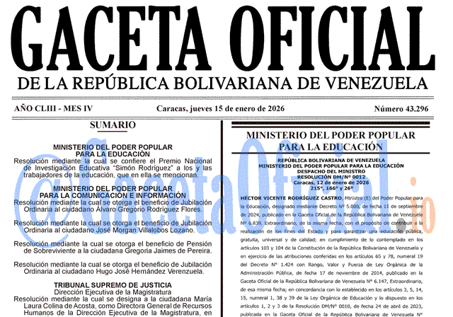 Venezuela Gaceta Oficial 43296 del 15 enero 2026 Gaceta Oficial, Gaceta 43296, Gaceta 43296 HD, Gaceta #43296, Gaceta Oficial Venezuela #43296