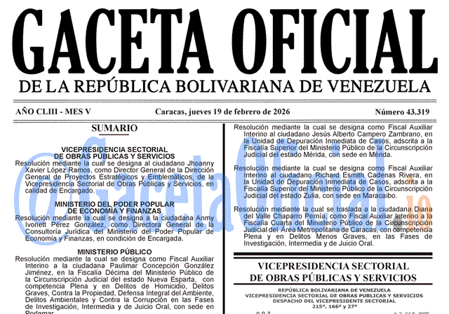Venezuela Gaceta Oficial 43319 del 19 febrero 2026 Gaceta Oficial, Gaceta 43319, Gaceta 43319 HD, Gaceta #43319, Gaceta Oficial Venezuela #43319