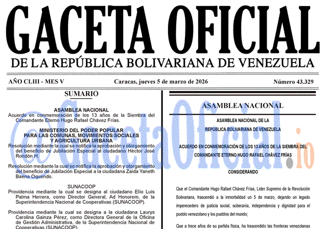 Venezuela Gaceta Oficial 43329 del 5 marzo 2026 Gaceta Oficial, Gaceta 43329, Gaceta 43329 HD, Gaceta #43329, Gaceta Oficial Venezuela #43329
