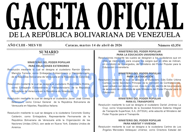 Gaceta Oficial, Gaceta 43354, Gaceta 43354 HD, Gaceta #43354, Gaceta Oficial Venezuela #43354