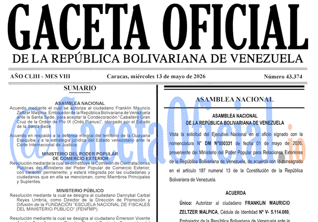 Venezuela Gaceta Oficial 43374 del 13 mayo 2026 Gaceta Oficial, Gaceta 43374, Gaceta 43374 HD, Gaceta #43374, Gaceta Oficial Venezuela #43374