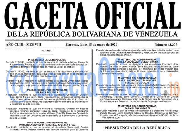 Venezuela Gaceta Oficial 43377 del 18 mayo 2026 Gaceta Oficial, Gaceta 43377, Gaceta 43377 HD, Gaceta #43377, Gaceta Oficial Venezuela #43377