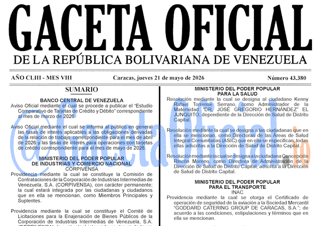 Venezuela Gaceta Oficial 43380 del 21 mayo 2026 Gaceta Oficial, Gaceta 43380, Gaceta 43380 HD, Gaceta #43380, Gaceta Oficial Venezuela #43380
