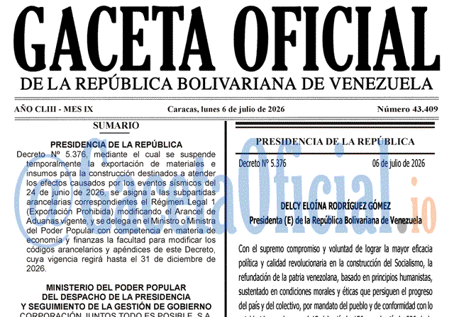 Venezuela Gaceta Oficial #43409 del 6 julio 2026 Gaceta Oficial, Gaceta 43409, Gaceta 43409 HD, Gaceta #43409, Gaceta Oficial Venezuela #43409