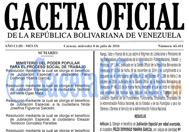 Venezuela Gaceta Oficial #43411 del 8 julio 2026 Gaceta Oficial, Gaceta 43411, Gaceta 43411 HD, Gaceta #43411, Gaceta Oficial Venezuela #43411