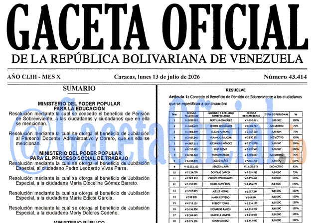 Venezuela Gaceta Oficial #43414 del 13 julio 2026 Gaceta Oficial, Gaceta 43414, Gaceta 43414 HD, Gaceta #43414, Gaceta Oficial Venezuela #43414