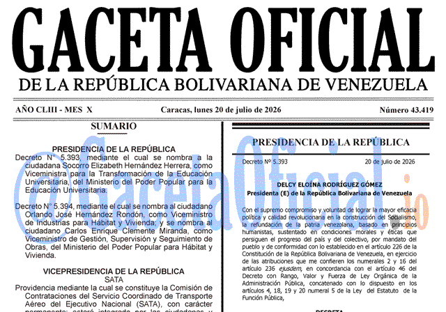 Venezuela Gaceta Oficial 43419 del 20 julio 2026 Gaceta Oficial, Gaceta 43419, Gaceta 43419 HD, Gaceta #43419, Gaceta Oficial Venezuela #43419