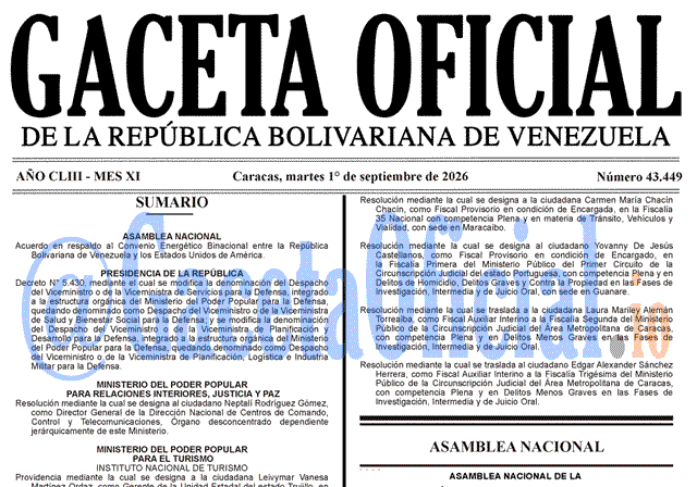 Venezuela Gaceta Oficial 43449 del 1 septiembre 2026 Gaceta Oficial, Gaceta 43449, Gaceta 43449 HD, Gaceta #43449, Gaceta Oficial Venezuela #43449
