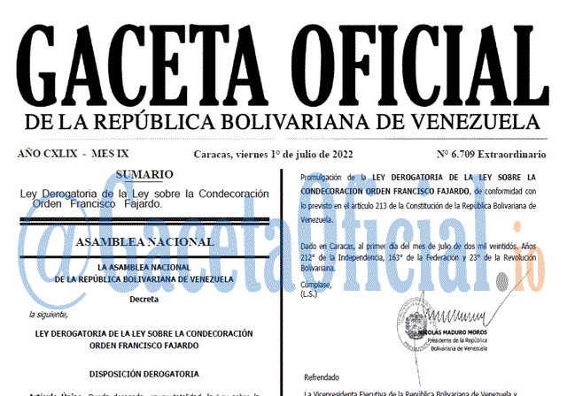 Venezuela Gaceta Oficial 6709 del 1 julio 2022