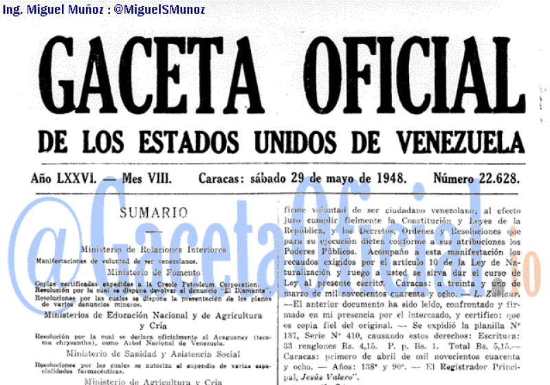 1948-05-29 Gaceta Oficial Venezuela #22628